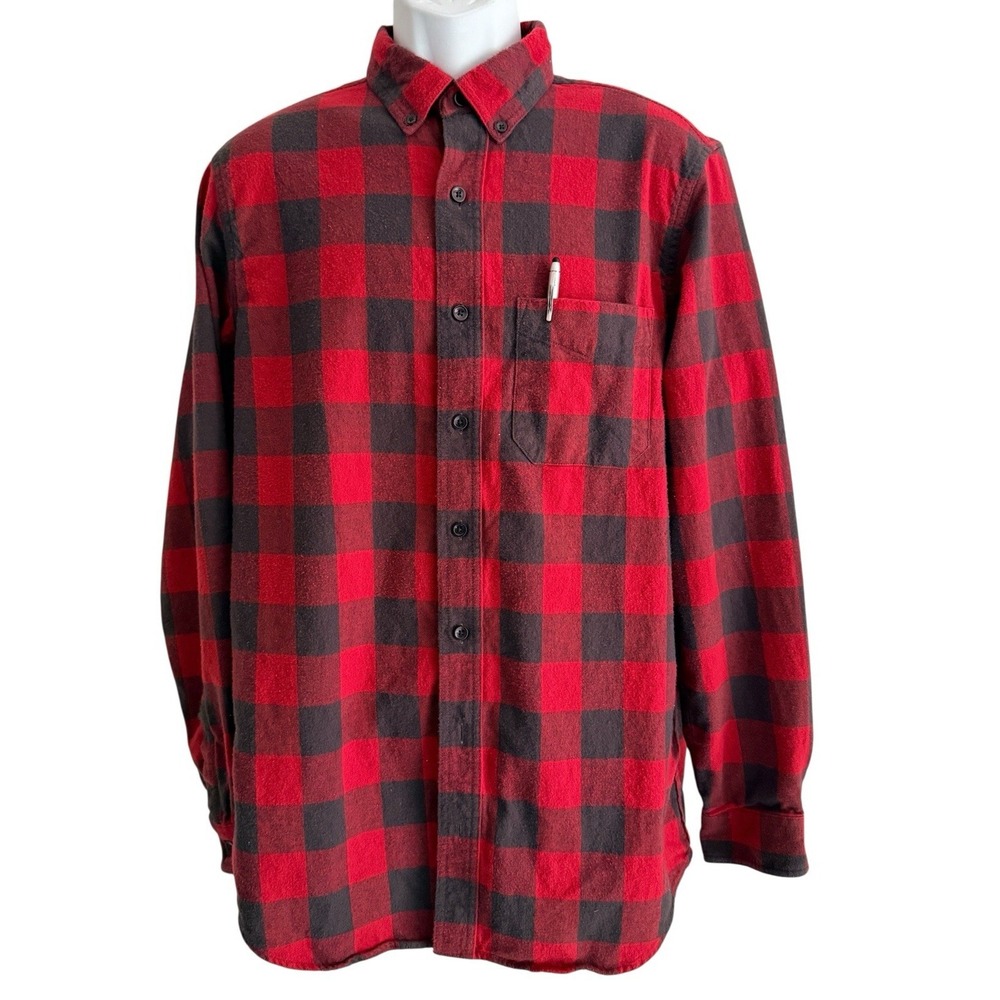 LL Bean Men Shirt M Tall Flannel Red Black Buffalo Plaid Button Down Cotton